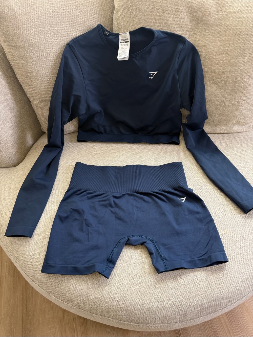Gymshark Navy Long Sleeve Crop Top & High-Waist Shorts - Deep Navy Set